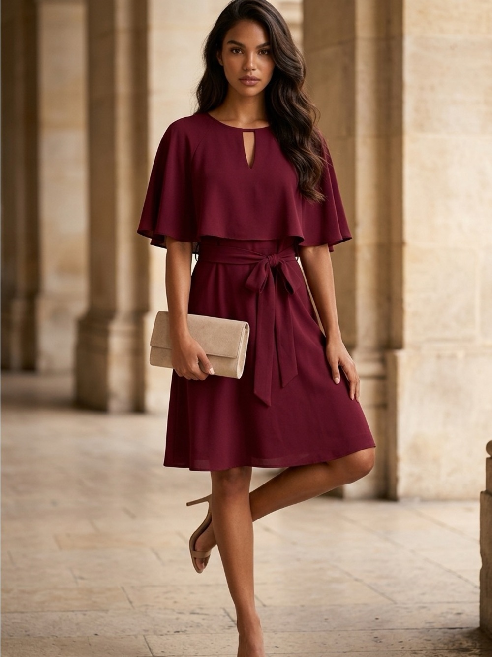 London Times Burgundy Capelet Tie-Waist Midi Dress